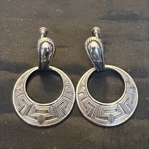 Vintage Sterling Silver Greek Key Hoop Dangle Earrings - 9.5g
